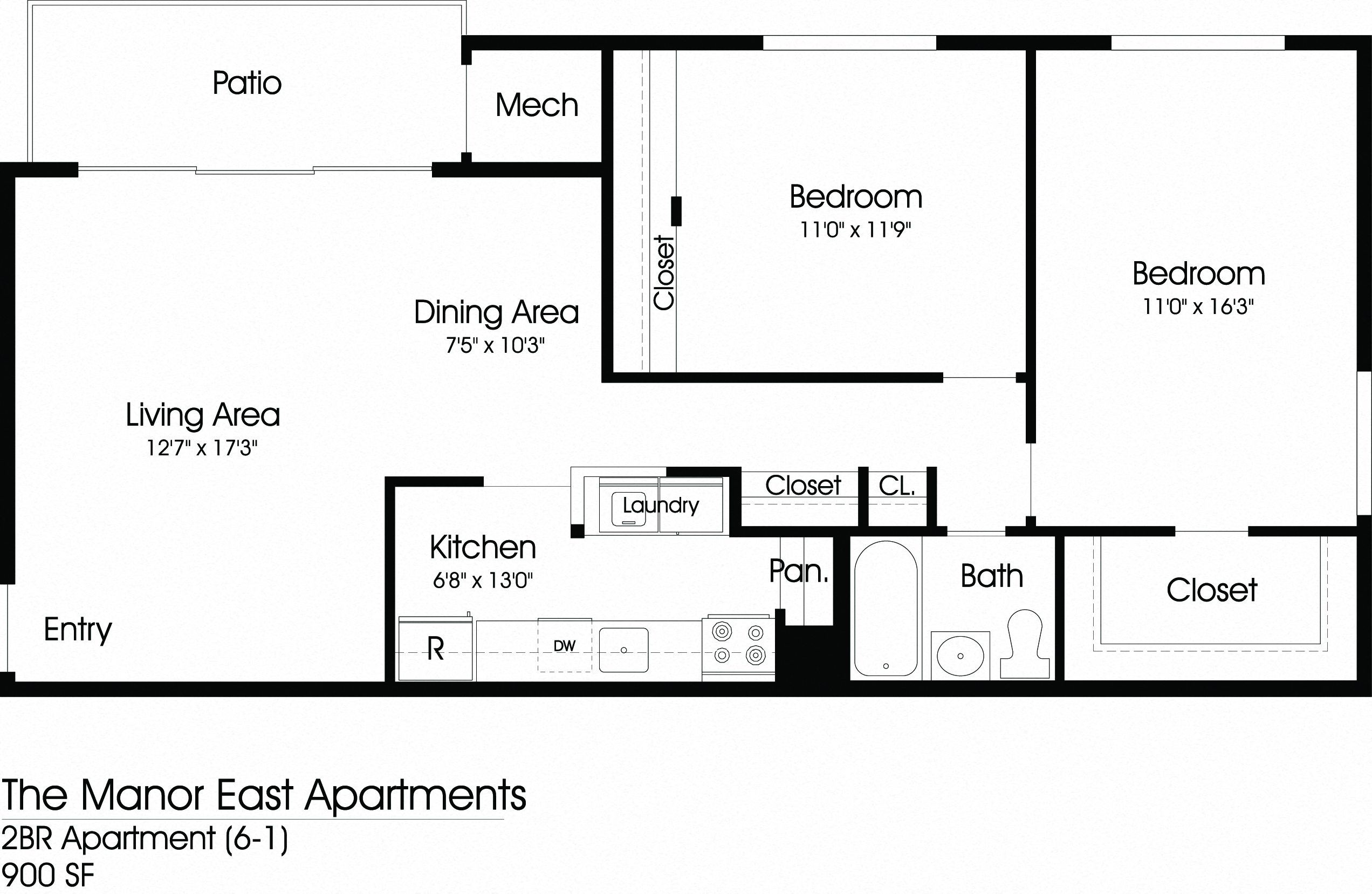 Floor plan for 2 beds, 1 bath, 900 sqft
